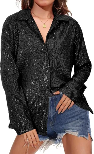Zando Sequin Tops for Women Sequin Top Sparkly Tops for Women Sparkle Tops for Women Casual Party Club Button Down Shirt