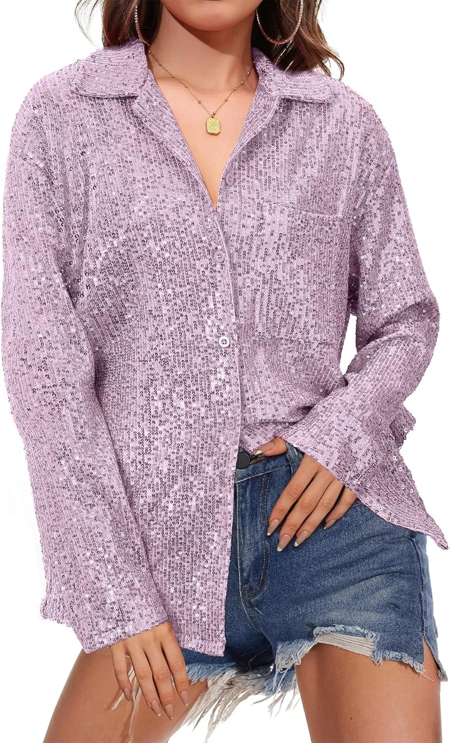 Zando Sequin Tops for Women Sequin Top Sparkly Tops for Women Sparkle Tops for Women Casual Party Club Button Down Shirt