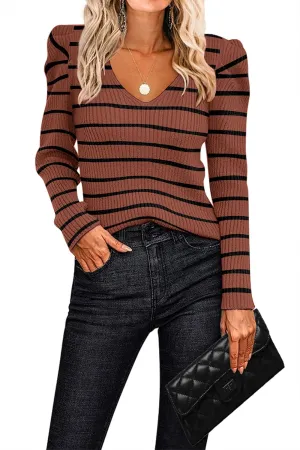 Zeagoo Fall Sweaters for Women 2024 Casual Long Sleeve Shirts V Neck Pullover Puff Slim Fit Tops