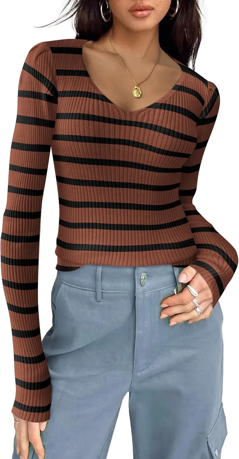 Zeagoo Fall Sweaters for Women 2024 Casual Long Sleeve Shirts V Neck Pullover Puff Slim Fit Tops